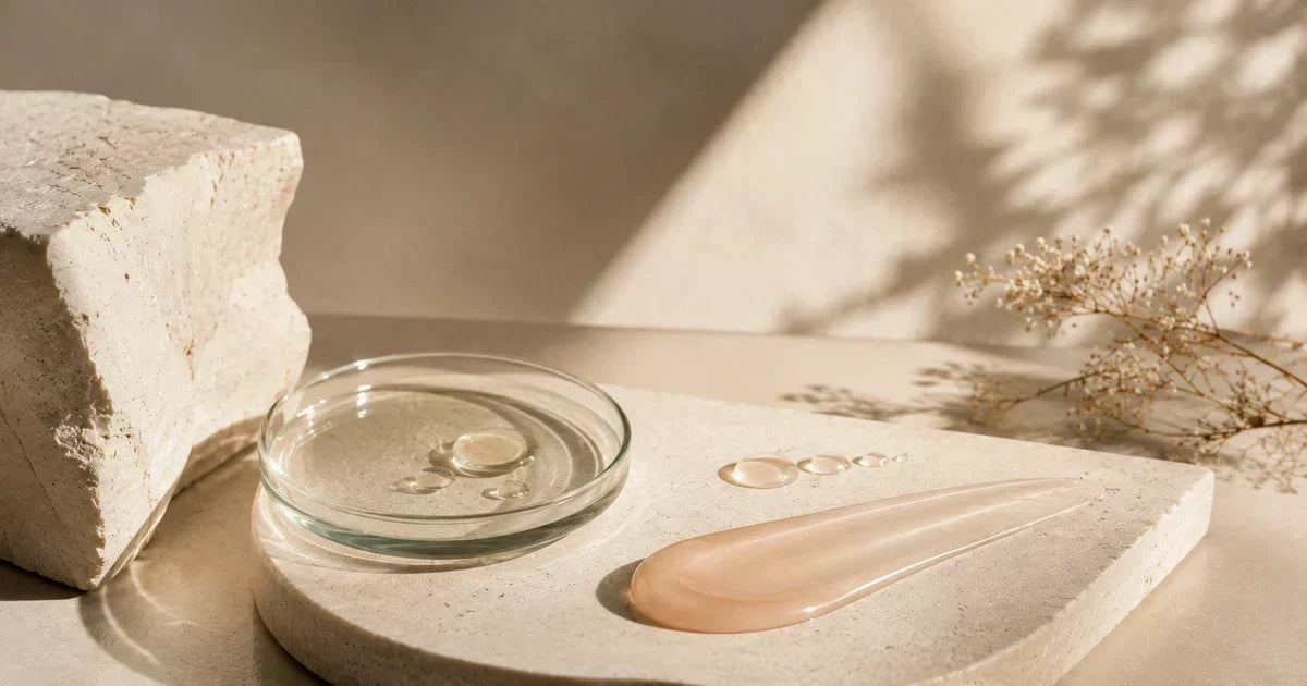Texture de sérum anti-âge sur une pierre ivoire dans un univers cosmétique premium