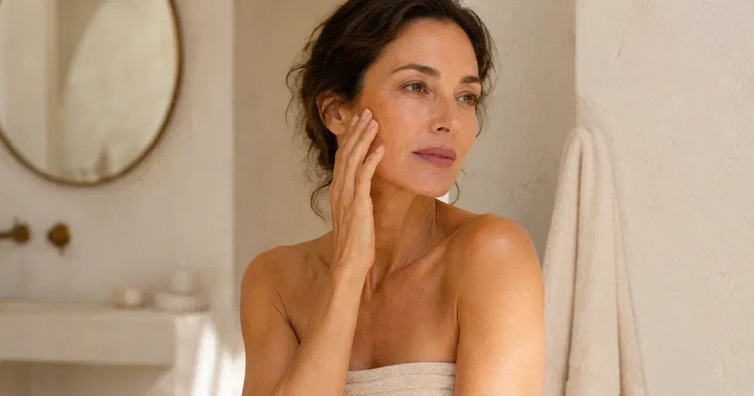 Portrait d’une femme élégante d’environ 45 ans dans une salle de bain en pierre ivoire, la main posée sur la joue, peau naturellement lumineuse dans une douce lumière du matin