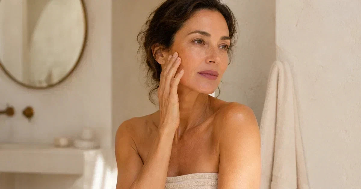 Portrait d’une femme élégante d’environ 45 ans dans une salle de bain en pierre ivoire, la main posée sur la joue, peau naturellement lumineuse dans une douce lumière du matin