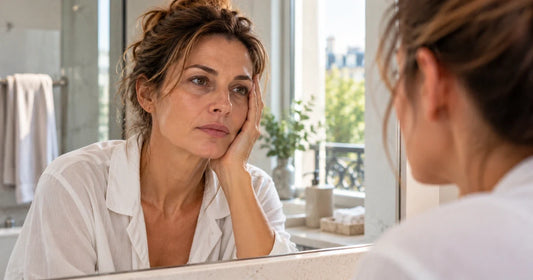 Femme d’environ 45 ans observant son visage fatigué dans le miroir au réveil, avec des cernes naturels et un teint légèrement terne malgré une bonne nuit de sommeil