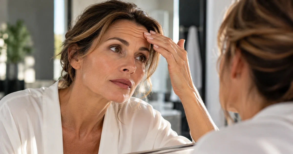 Femme de 47 ans observant les rides horizontales de son front devant un miroir, peau mature naturelle avec ridules visibles, illustrant l’apparition des rides du front après 40 ans