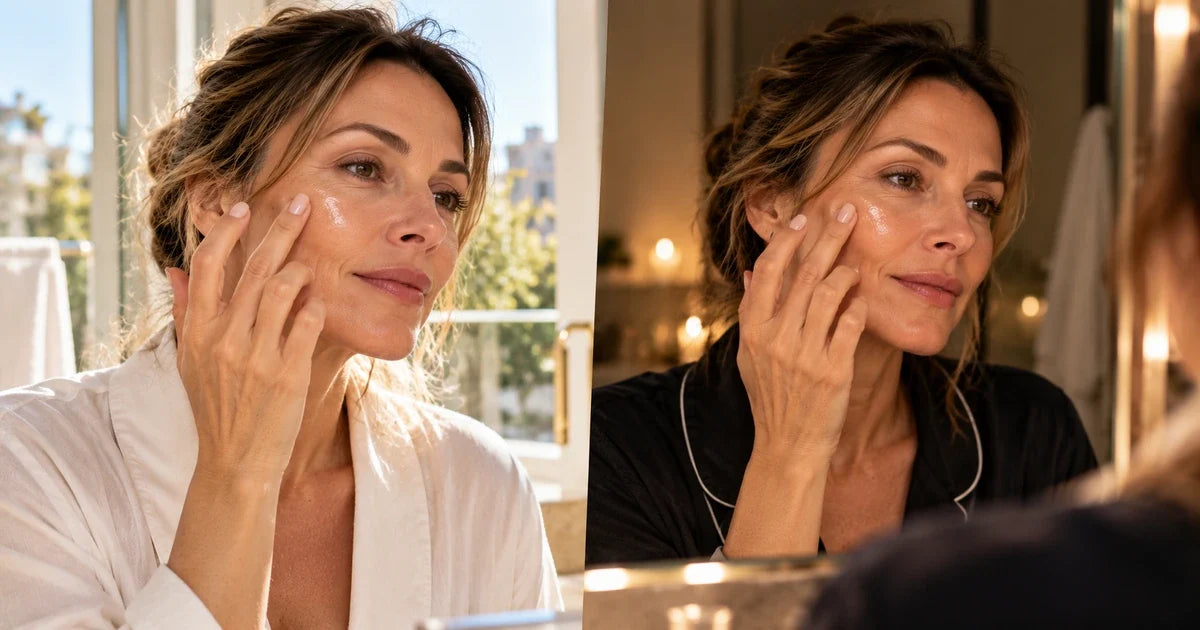 Femme d’environ 44 ans appliquant un sérum aux peptides sur son visage le matin et le soir, dans une composition comparative illustrant les deux moments d’application d’une routine anti-âge