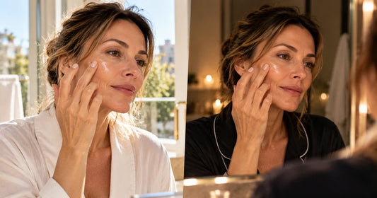 Femme d’environ 44 ans appliquant un sérum aux peptides sur son visage le matin et le soir, dans une composition comparative illustrant les deux moments d’application d’une routine anti-âge