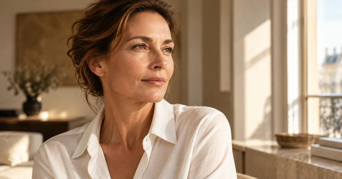 Portrait d’une femme d’environ 50 ans à la peau mature présentant de fines rides, dans un intérieur lumineux, illustrant les besoins en sérum raffermissant pour peau mature