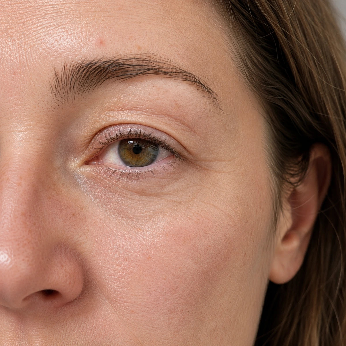 Contour des yeux présentant des ridules et un manque de fraîcheur avant l’utilisation du Premier Regard de Valnay