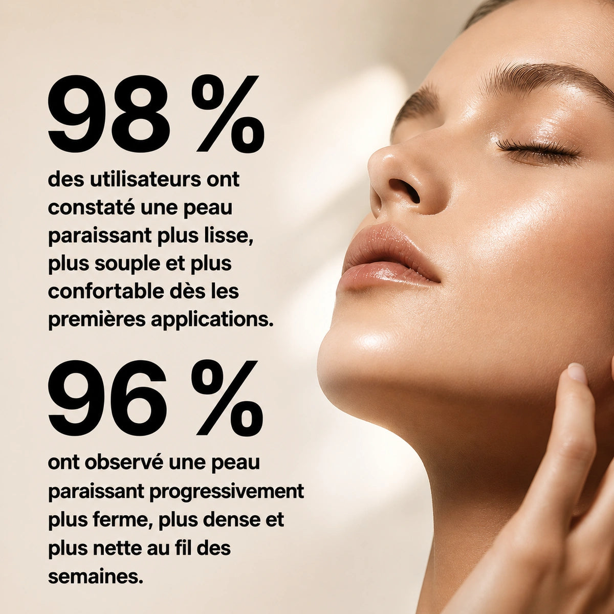 Illustration des résultats observés avec L'Instinct Ambré sérum anti-âge aux peptides de Valnay Paris indiquant que 98 % des utilisateurs ont constaté une peau paraissant plus lisse, plus souple et plus confortable et que 96 % ont observé une peau paraissant progressivement plus ferme, plus dense et plus nette