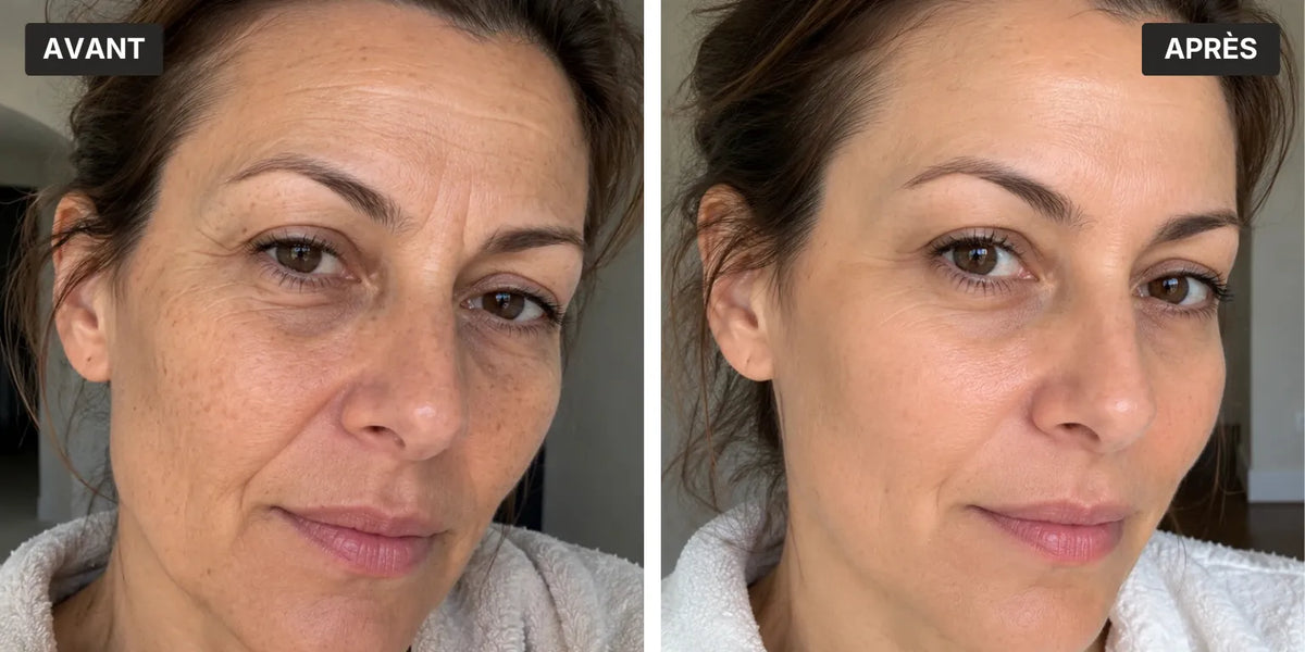 Comparaison avant-après illustrant l’atténuation des rides et une peau visiblement plus lisse avec L’Instinct Ambré, sérum anti-âge aux peptides Valnay