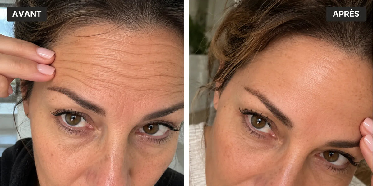 Comparaison avant-après illustrant l’atténuation des rides et une peau visiblement plus lisse avec L’Instinct Ambré, sérum anti-âge aux peptides Valnay