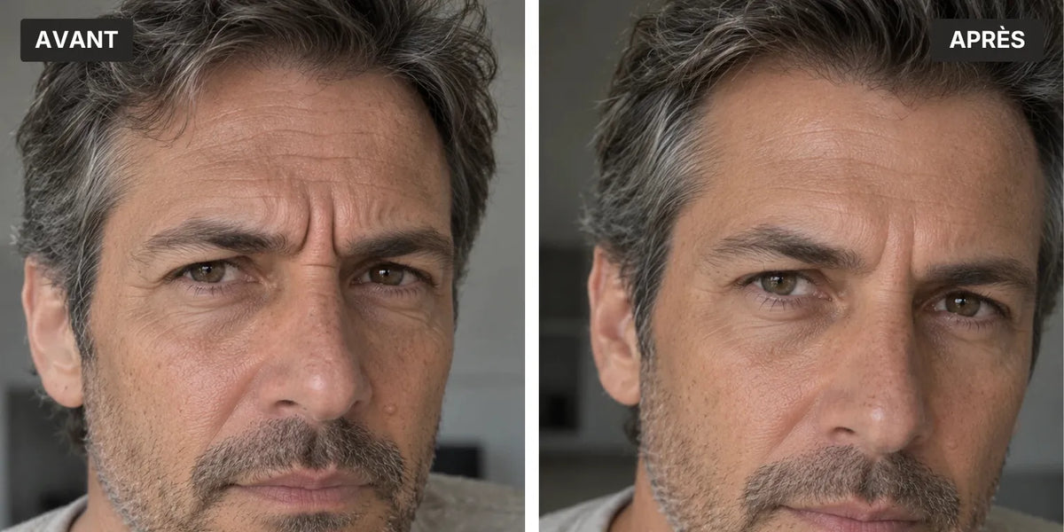 Comparaison avant-après illustrant l’atténuation des rides et une peau visiblement plus lisse avec L’Instinct Ambré, sérum anti-âge aux peptides Valnay