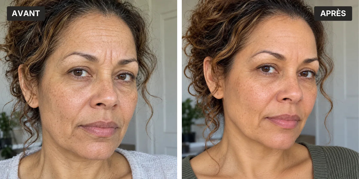 Comparaison avant-après illustrant l’atténuation des rides et une peau visiblement plus lisse avec L’Instinct Ambré, sérum anti-âge aux peptides Valnay
