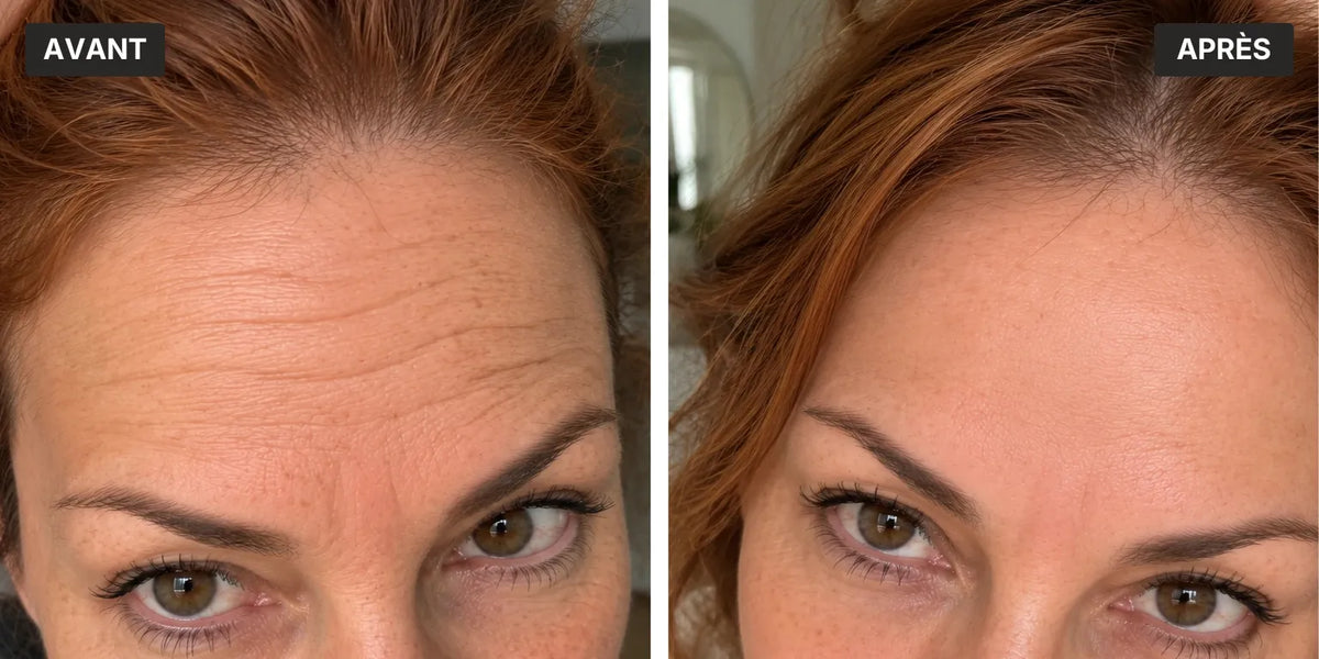 Comparaison avant-après illustrant l’atténuation des rides et une peau visiblement plus lisse avec L’Instinct Ambré, sérum anti-âge aux peptides Valnay