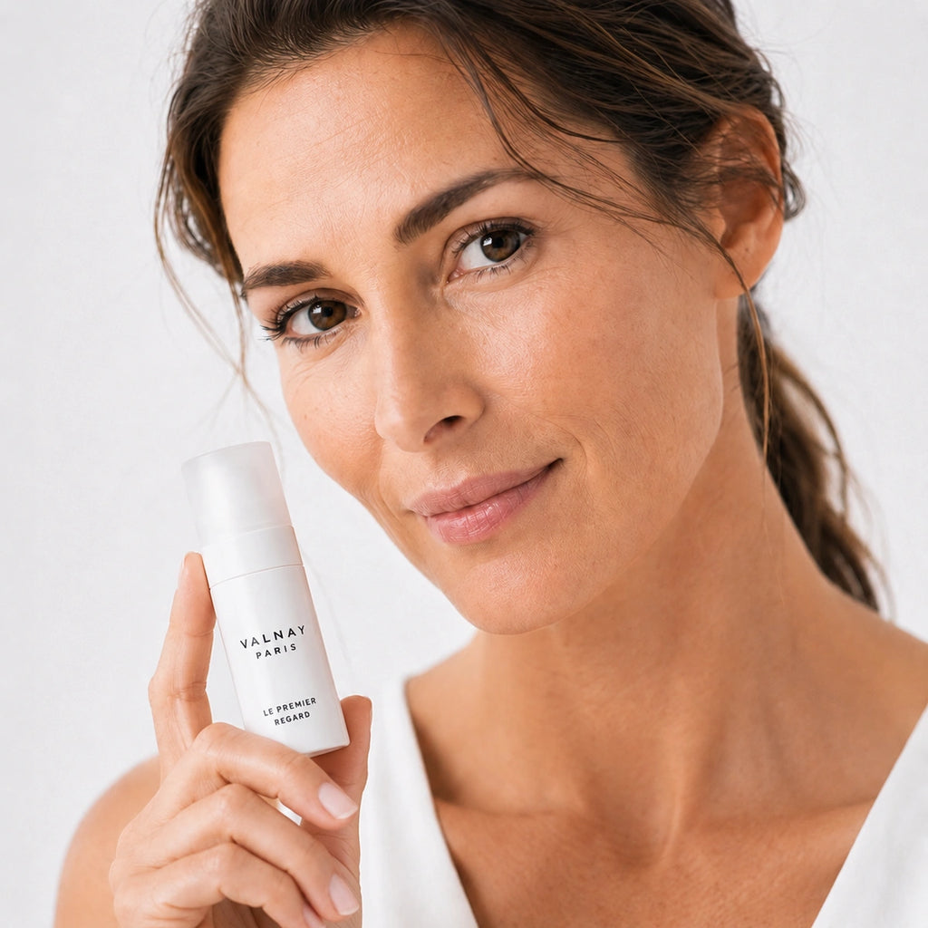 Femme tenant Le Premier Regard crème lissante contour des yeux de Valnay Paris à côté de son visage