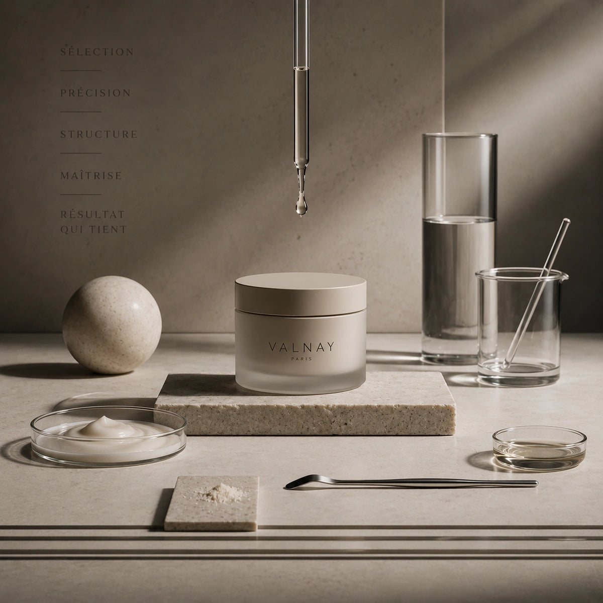 Composition minimaliste de laboratoire premium illustrant la précision et la discipline de formulation de Valnay Paris
