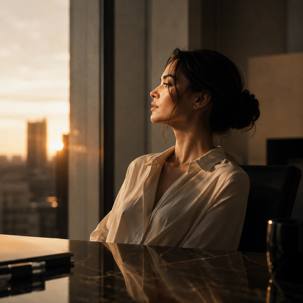 Femme élégante face à la lumière de fin de journée illustrant une peau préservée dans un environnement moderne exigeant