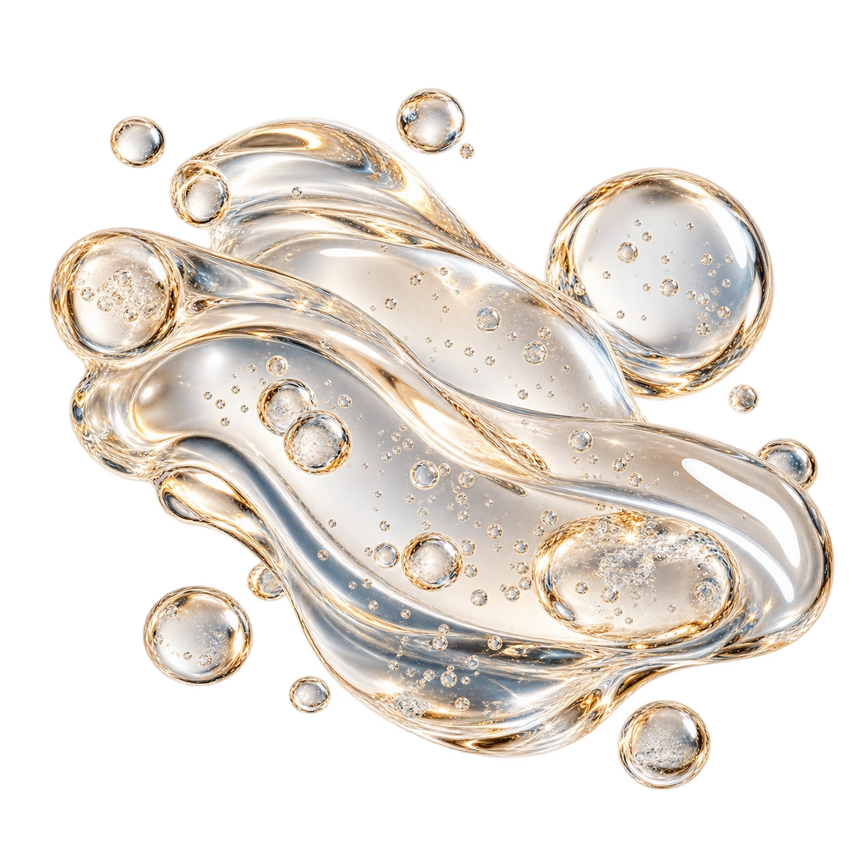 Texture de gel transparent aux microbulles illustrant l’acide hyaluronique du sérum anti-âge L’Instinct Ambré de Valnay, pour hydrater et repulper la peau