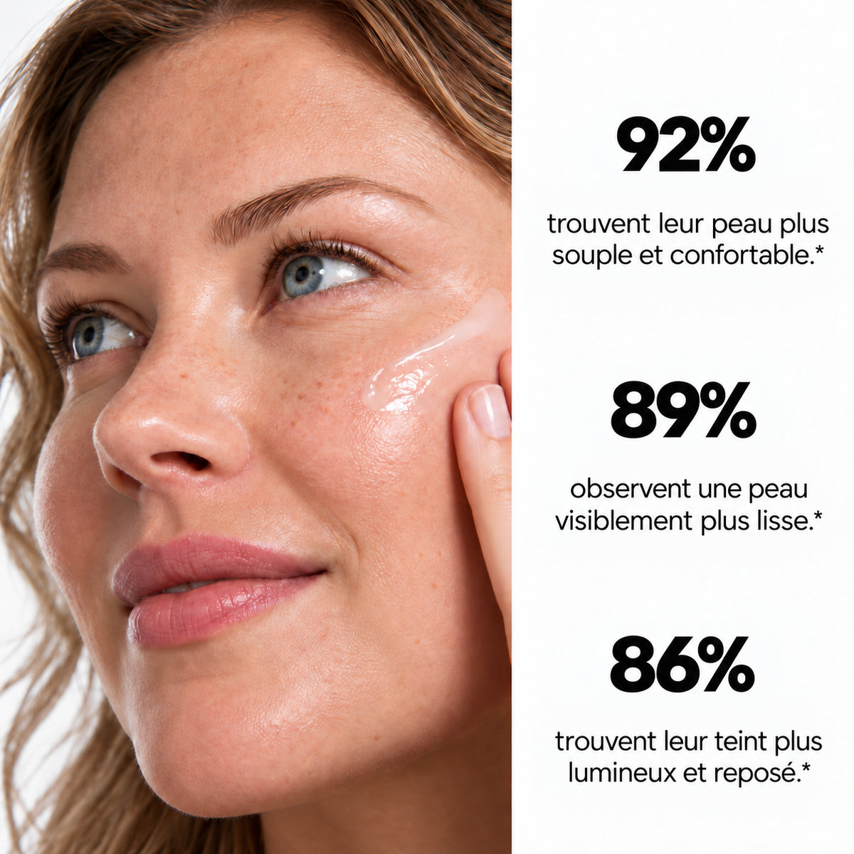 Résultats du sérum anti-âge aux peptides L’Instinct Ambré de Valnay : 92 % trouvent leur peau plus souple, 89 % plus lisse et 86 % leur teint plus lumineux
