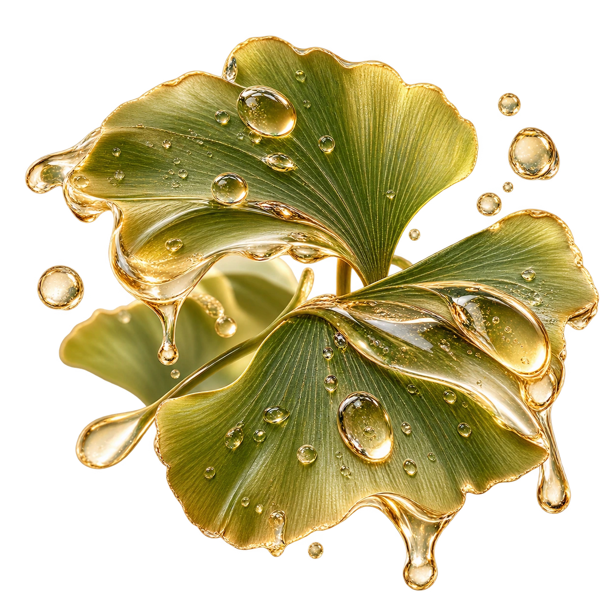 Feuilles de ginkgo biloba vert doré recouvertes de gouttes de sérum, illustrant l’actif antioxydant du sérum anti-âge L’Instinct Ambré de Valnay Copier