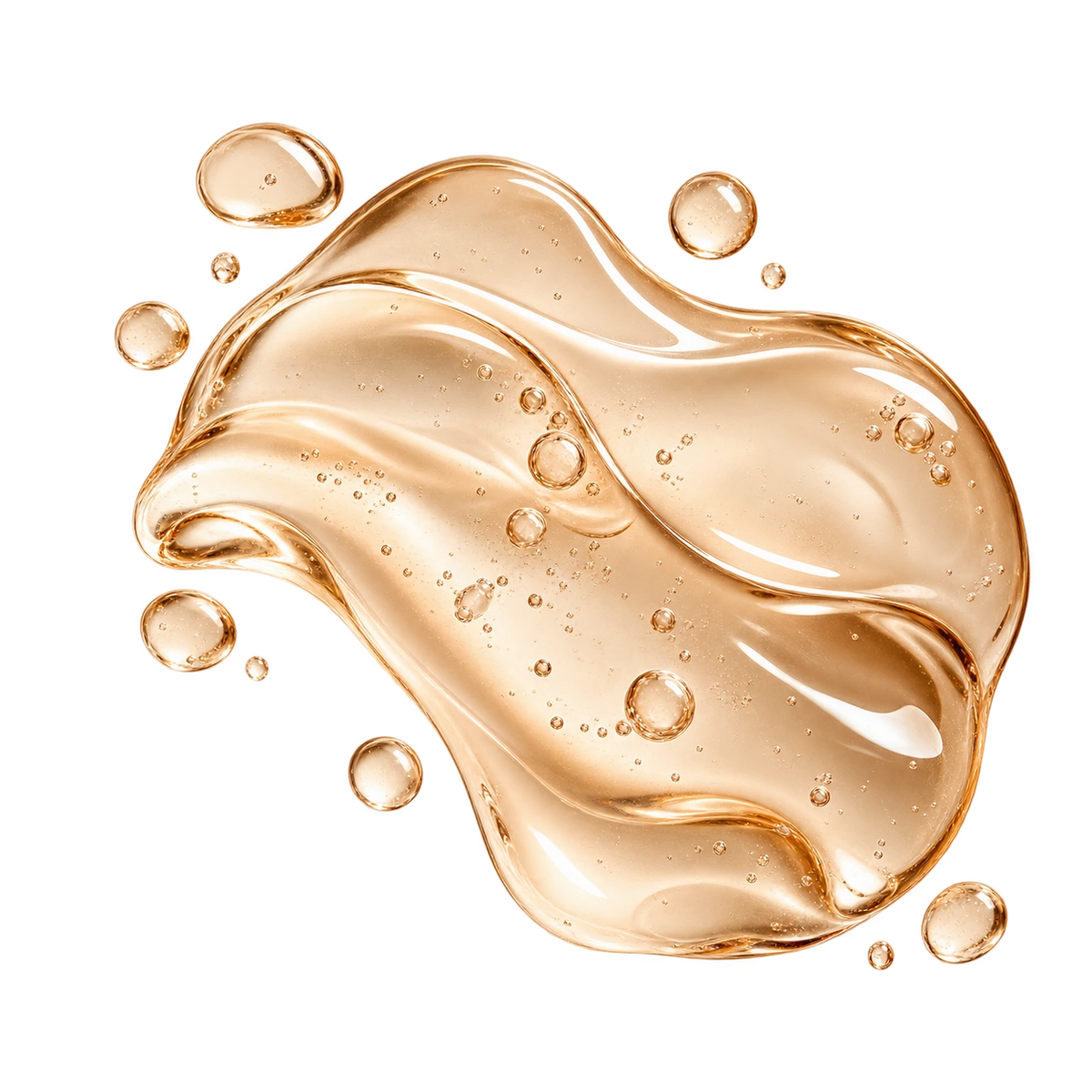 Texture de sérum ambré aux fines bulles illustrant les peptides du sérum anti-âge L’Instinct Ambré de Valnay, pour une peau plus lisse et ferme