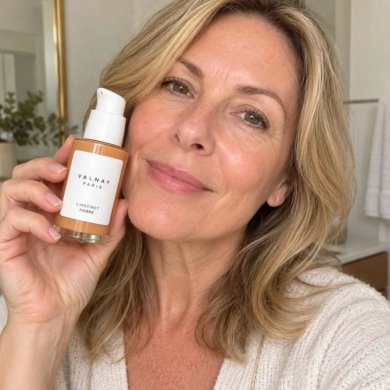 Image du sérum anti-âge aux peptides L’Instinct Ambré de Valnay tenu en main, mettant en valeur son flacon et son design élégant